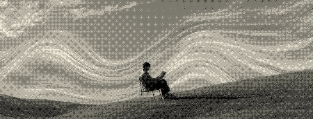 A person reading in a chair on a grassy hillside beneath swirling iridescent clouds