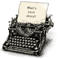 An antique typewriter with a sheet reading “What’s your story?”